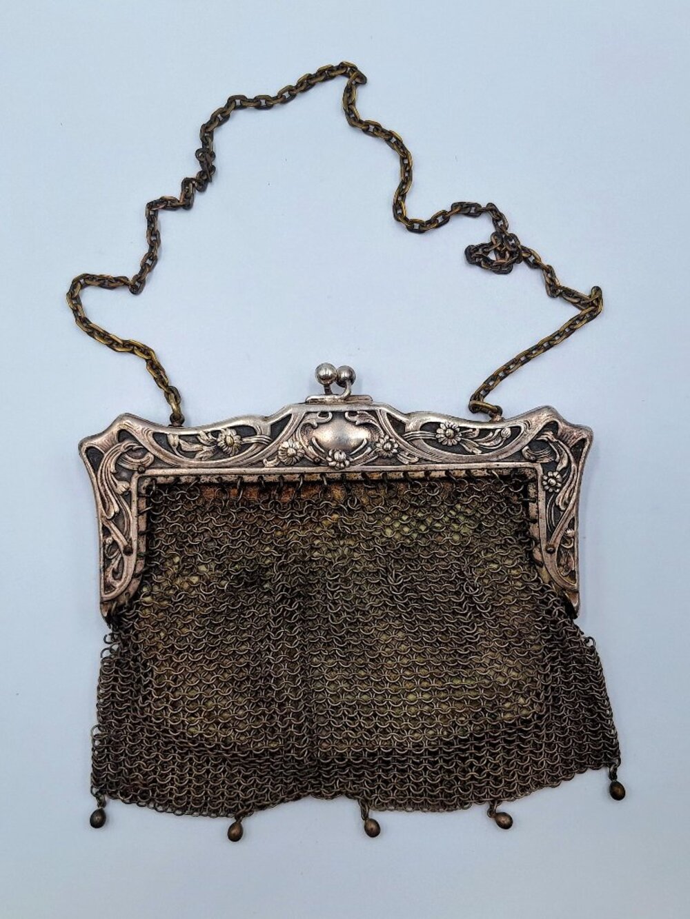 Stunning Antique German Silver Chain Mail Purse Art Deco Ornate Frame